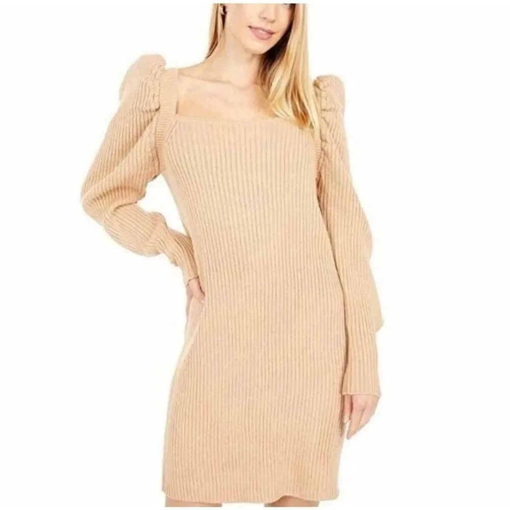 Wayf Camel Square Neck Puff Shoulder Ribbed Sweater Dress Size Small NWT